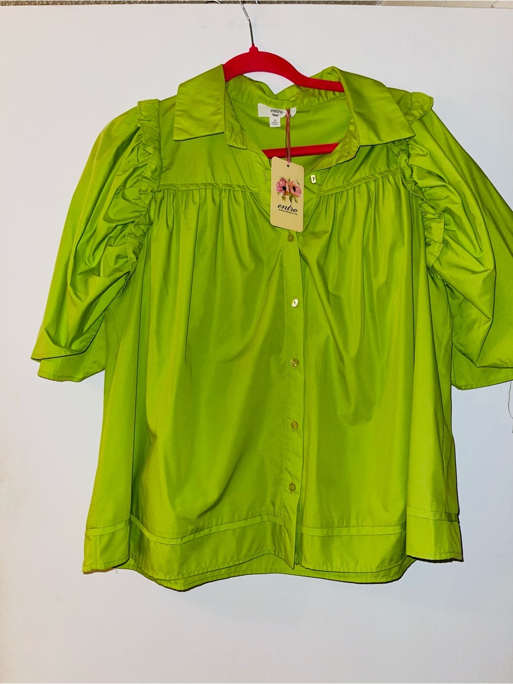 Entro Bright Green Puff Sleeve Button-Up Blouse